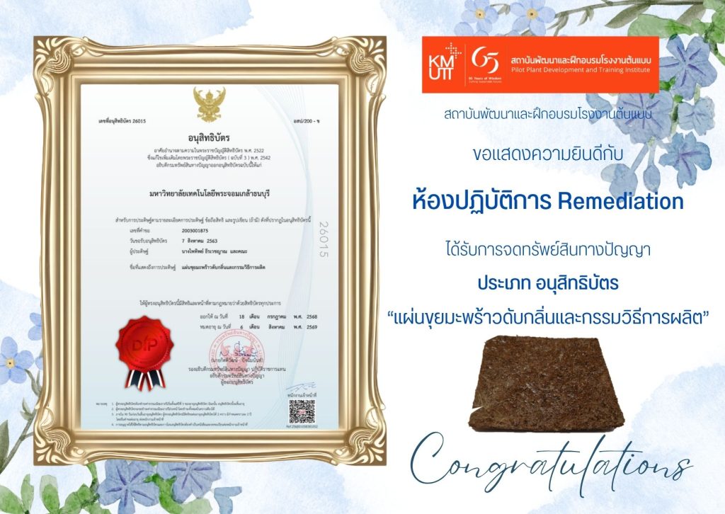 ผลงานวิจัยห้องปฏิบัติการ RMT ได้รับการจดทรัพย์สินทางปัญญา ประเภทอนุสิทธิบัตร